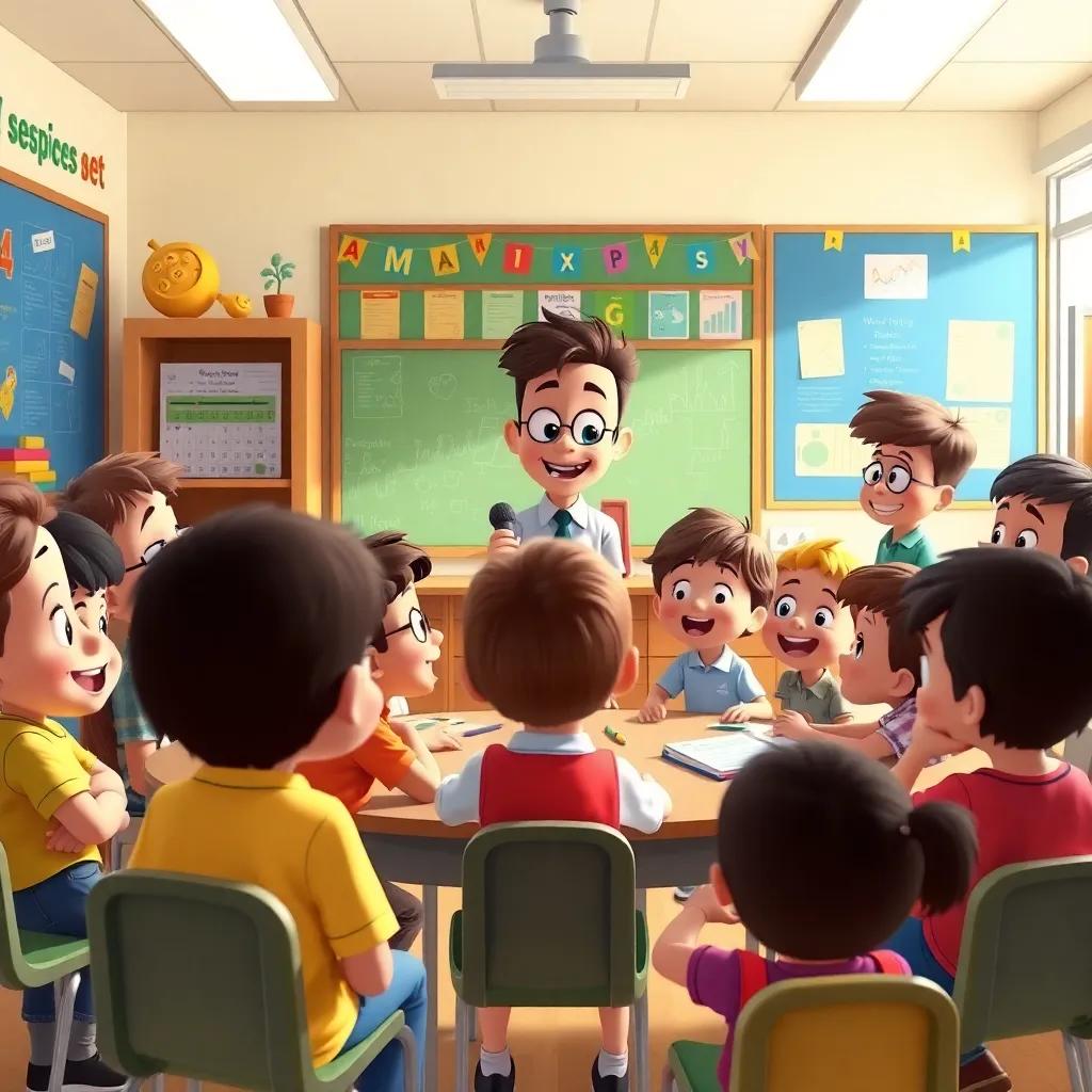 A lively school scene with children gathered around, listening to Max's podcast episode, excited expressions, bright classroom decorations, illustration, engaging and animated, high quality