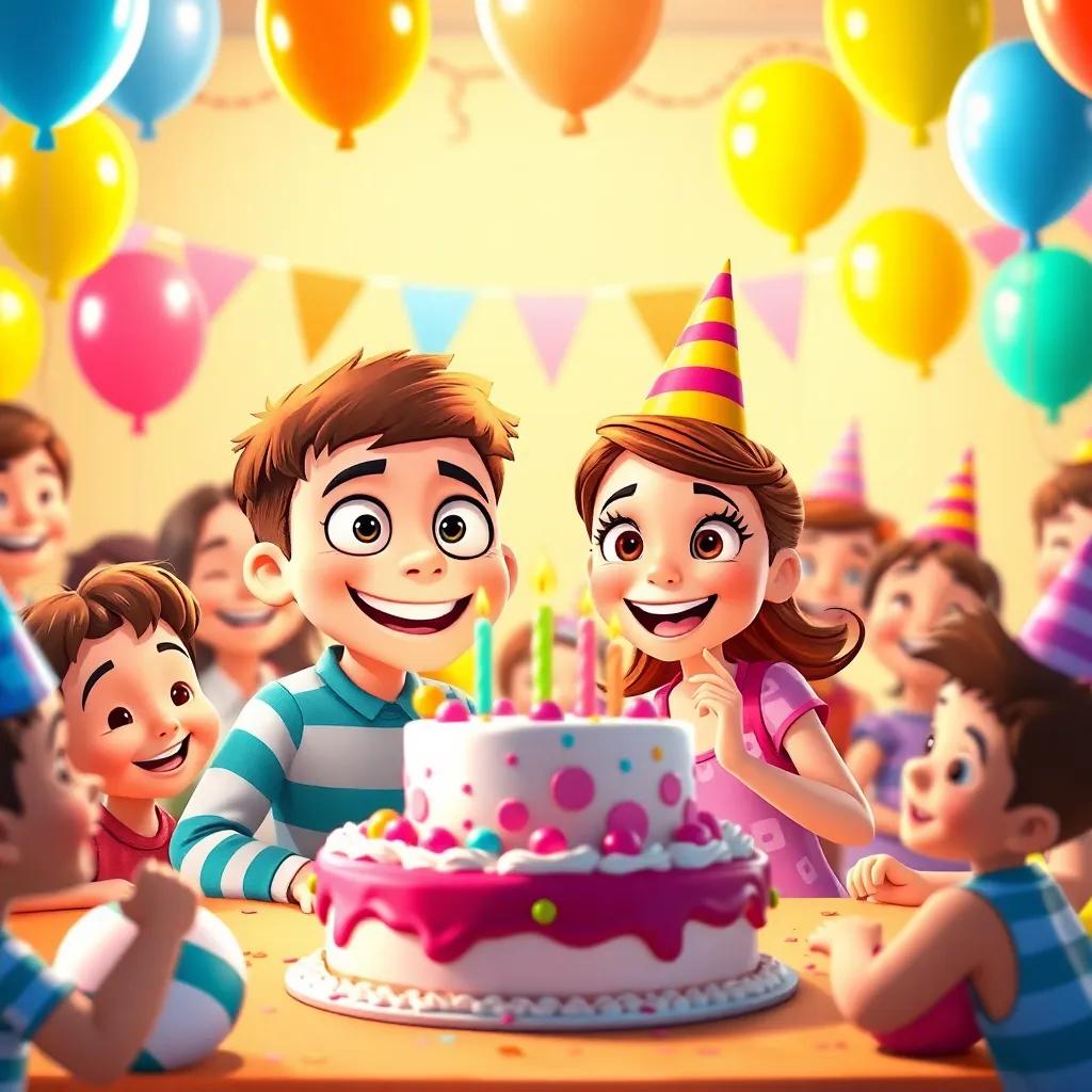 Max and Lily celebrating with friends at a fun birthday party, cake and balloons all around, everyone smiling and cheerful, colorful decorations, playful, digital art, lively atmosphere, high quality
