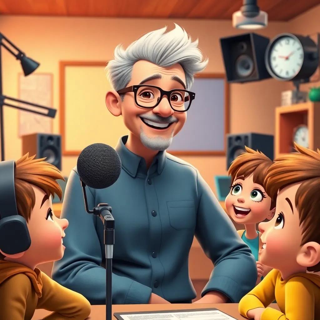 A famous podcaster, a wise adult with glasses and a big smile, talking to excited kids in a neat studio, podcast equipment around, friendly and inspiring, digital art, welcoming environment, warm colors, high quality