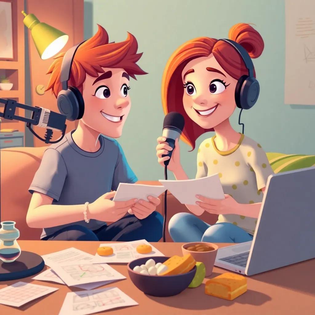 Max and Lily busy recording their next podcast, brainstorming ideas with papers and snacks around, focused yet happy, digital art, cozy environment, inviting colors, high quality