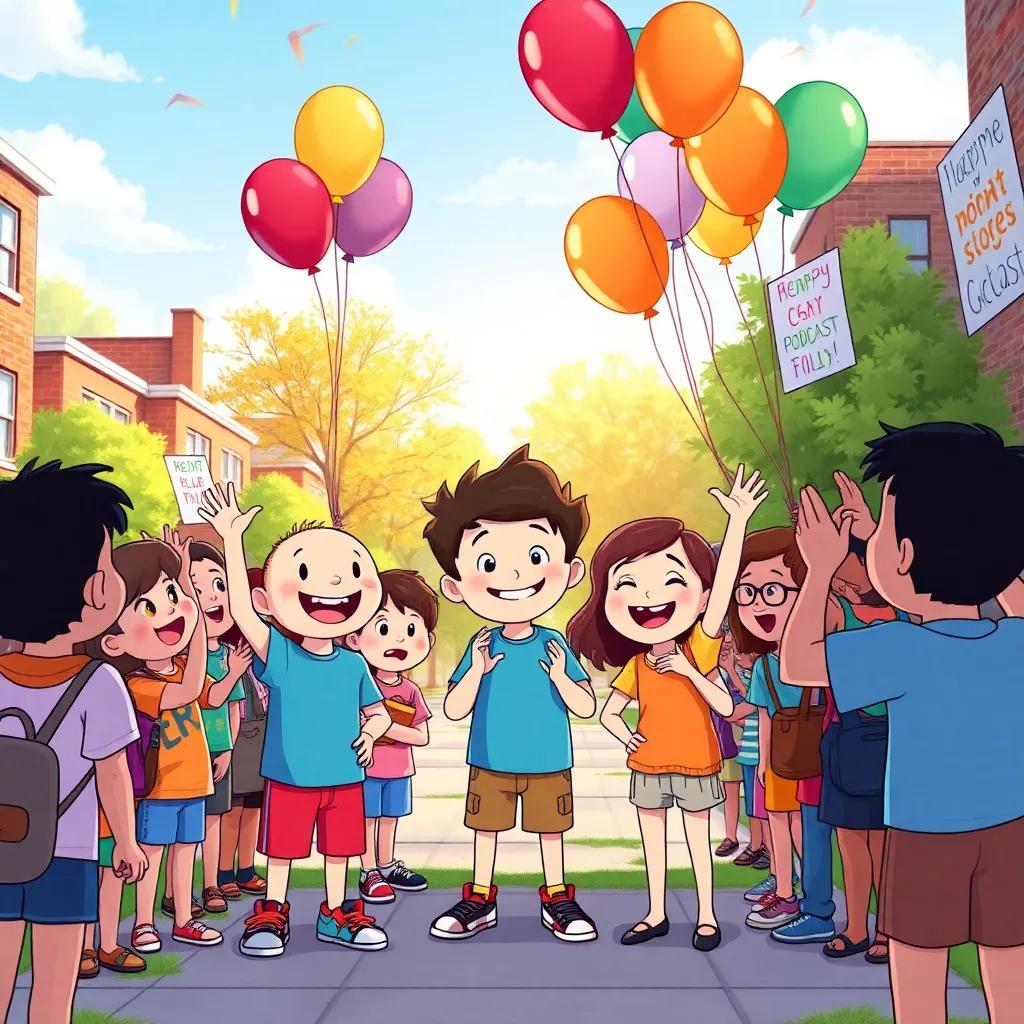 A vibrant schoolyard scene with kids cheering for Max and Lily, balloons and posters celebrating their podcast success, lively atmosphere, joyous expressions, illustration, colorful, high quality