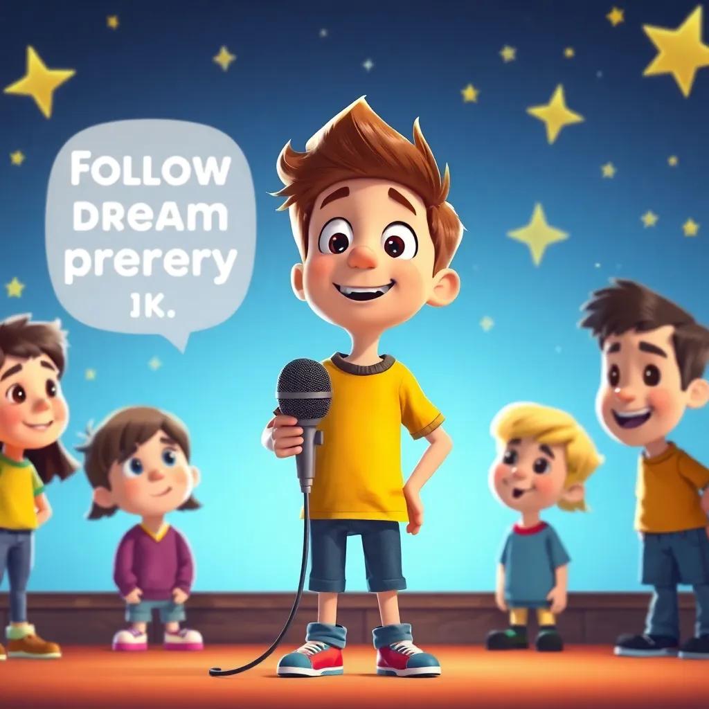 Max standing proudly in front of his friends, talking about following dreams, confident yet humble, with a backdrop of stars and a big microphone, motivational and bright, digital art, child-friendly, high quality