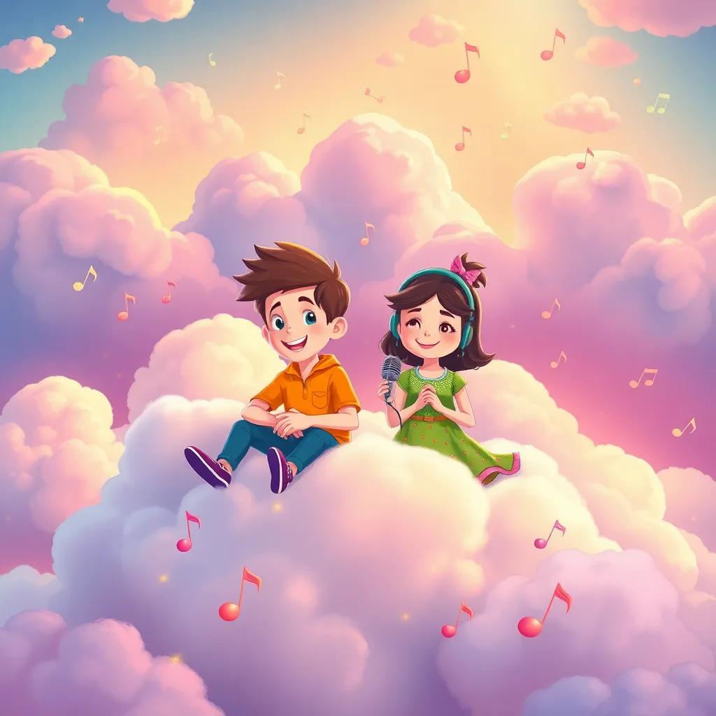 A dreamy landscape with Max and Lily on a cloud of podcasting dreams, surrounded by musical notes and happy memories, magical and whimsical style, illustration, vibrant colors, joyful, high quality