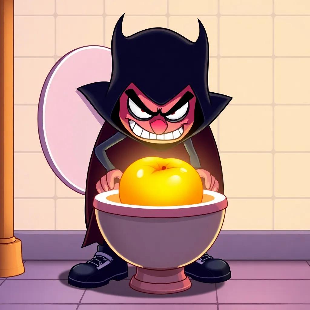 A bad guy with a scowling face, wearing a black cape and sneaky shoes, looking at a glowing golden peach in a toilet bowl, vibrant colors, cartoon style, funny scene, cheerful atmosphere, high quality