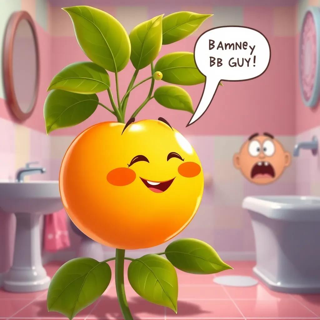 A golden peach with a cute smile, talking and wiggling on its vine, facing a surprised bad guy, colorful bathroom background, lighthearted, amusing, digital art, playful vibe, high quality