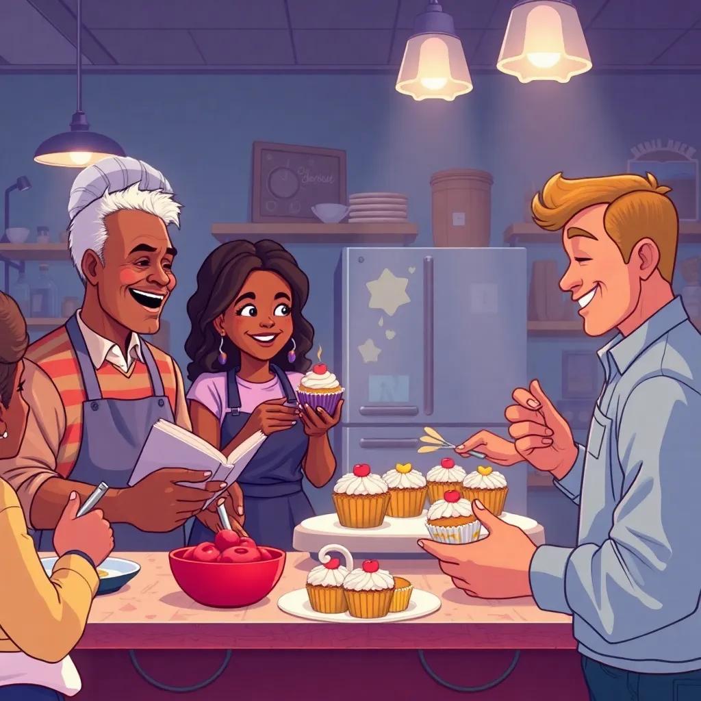 The Martin family in their bakery, serving food to happy customers, Father Zion telling stories, Mother Kendra icing cupcakes, Jerusha smiling while decorating, Marshall giving out snacks, joyful scene, vibrant colors, heartwarming, detailed illustration