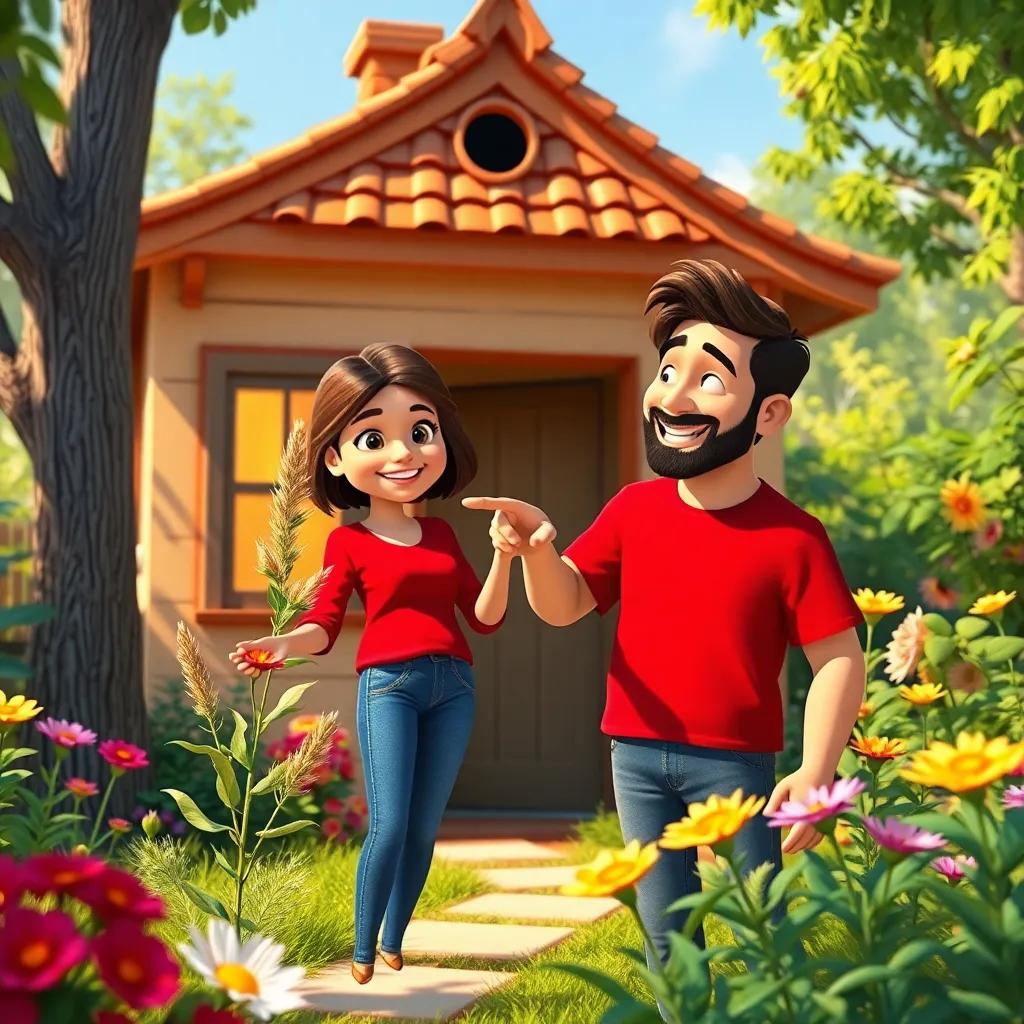 A cozy little house surrounded by a vibrant garden, Layla, a young woman with short brown hair in a bright red shirt and jeans, pointing at a wild plant, smiling; Amir, a man with a soft smile and a neat beard, laughing, digital art, warm and inviting colors, bright daytime, high quality