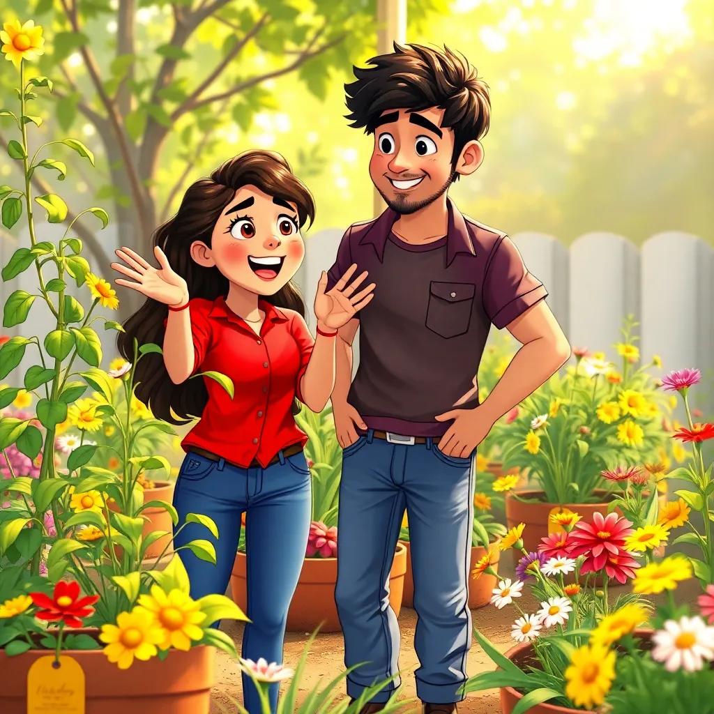 Amir and Layla, engaged in gardening, Layla excitedly gesturing at unruly plants, wearing her red shirt and jeans, Amir looking amused in his casual attire, colorful flowers around, sunny atmosphere, detailed illustration, playful scene, cheerful colors