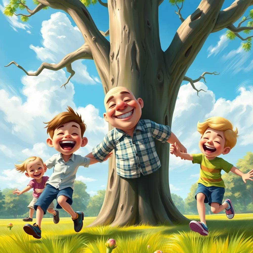 Mr. Charlie, a bald man with a joyful smile, playing a fun game outside in a sunny park with his two children, Lily and Jake. They are laughing and running around a big tree, the sky is bright blue with fluffy clouds. Digital art, bright colors, playful atmosphere.