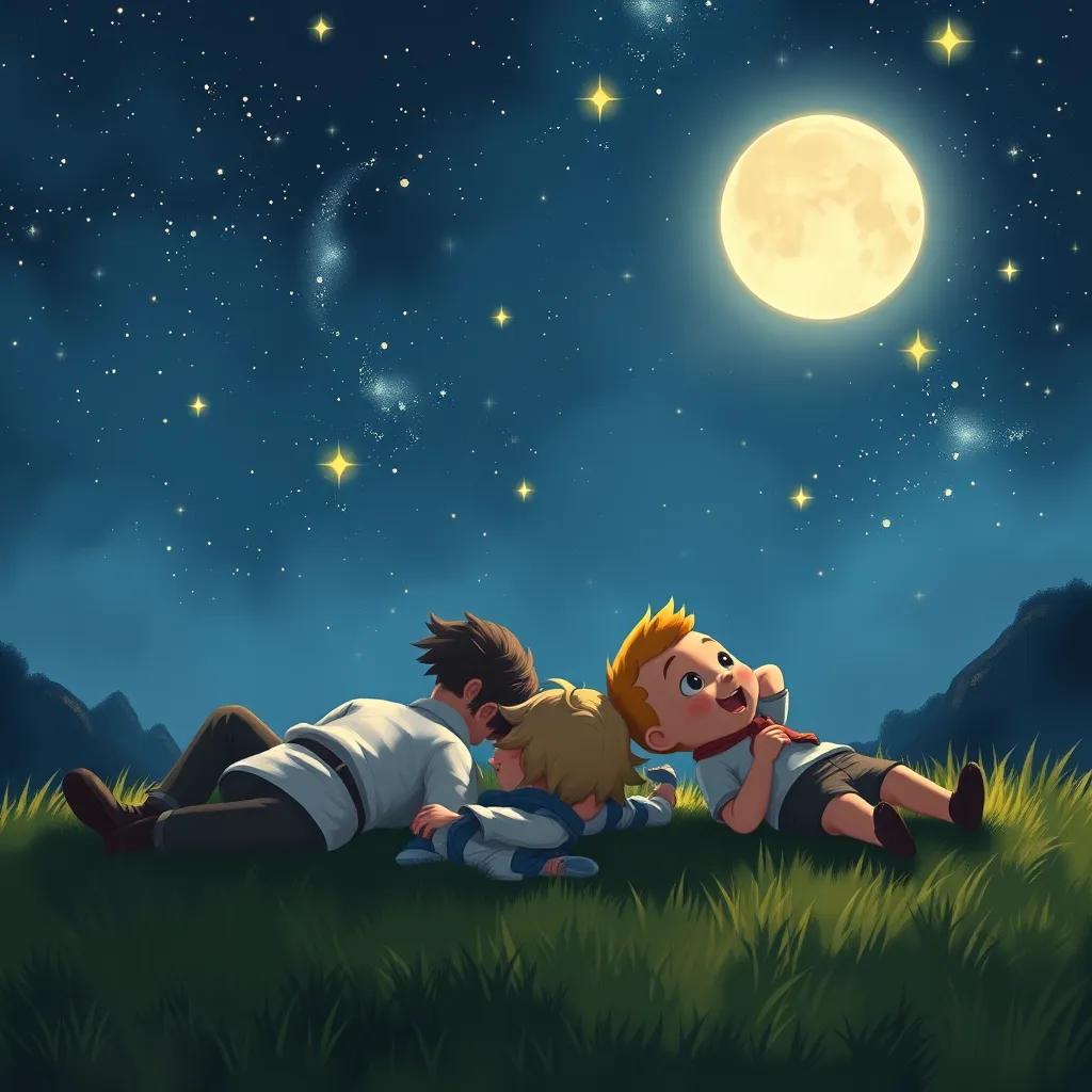 A calm evening scene with Mr. Charlie, Lily, and Jake lying on the grass, looking up at a sky filled with bright, twinkling stars. The moonlight shines down, creating a peaceful glow over them. Digital art, serene colors, magical feeling.