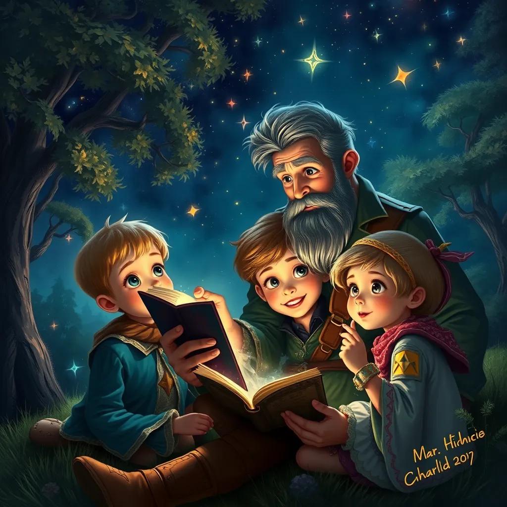 Mr. Charlie telling a captivating story to his children under the stars. The children are wide-eyed with wonder, imagining a brave knight and a magical land. The background shows enchanting trees and vibrant stars. Digital art, imaginative, magical atmosphere.