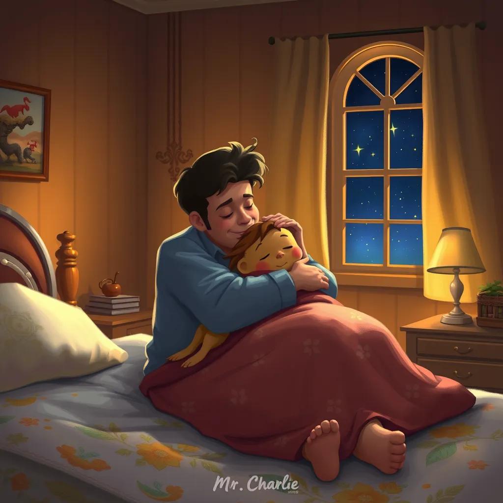 A cozy bedroom scene at night, where Mr. Charlie hugs Lily and Jake tightly before sleep. The room glows softly, and outside the window, the stars twinkle brightly. Digital art, warm colors, comforting vibe.