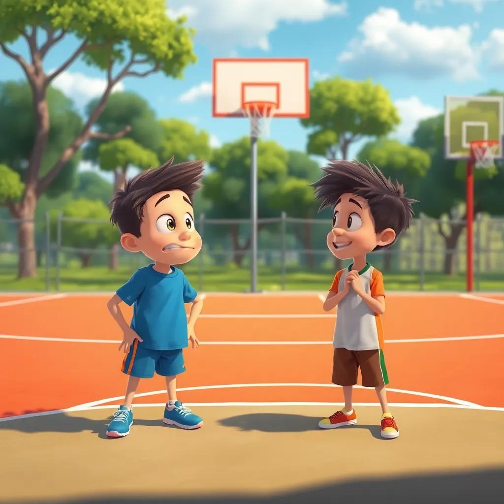Max and Leo, sometimes arguing on the basketball court, one standing with a determined look and the other preparing to shoot, trees swaying in the wind, playful energy, bright colors, cheerful mood, digital painting, vibrant, engaging composition, high quality