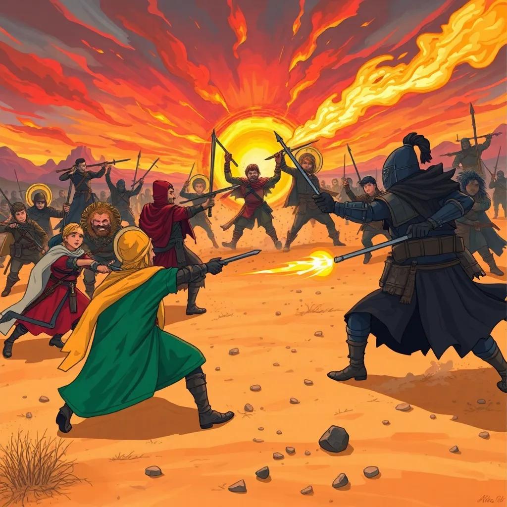 The fierce battle between the Saints and the Sinners, with soldiers in colorful outfits clashing against warriors in dark armor, in the vast Arizona desert, intense action, fiery sky, dynamic energy, high quality