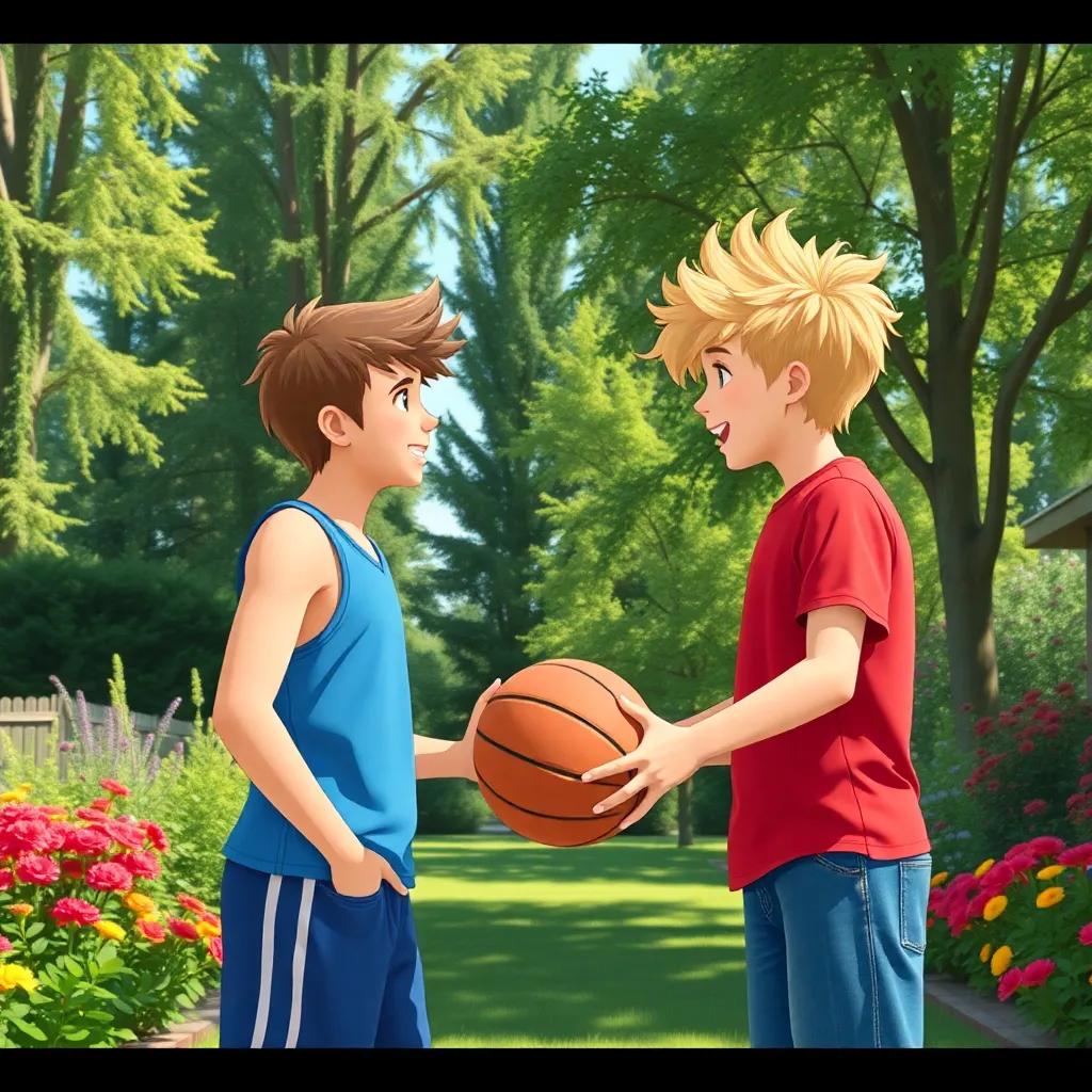 A backyard scene with tall green trees and colorful flowers, depicting two brothers, Jake, a 19-year-old boy with short brown hair wearing a blue tank top and basketball shorts, and Sam, an 18-year-old boy with messy blonde hair in a red t-shirt, playfully arguing while holding a basketball, bright sunny day, playful atmosphere, vibrant colors, cheerful perspective, family-friendly, digital art