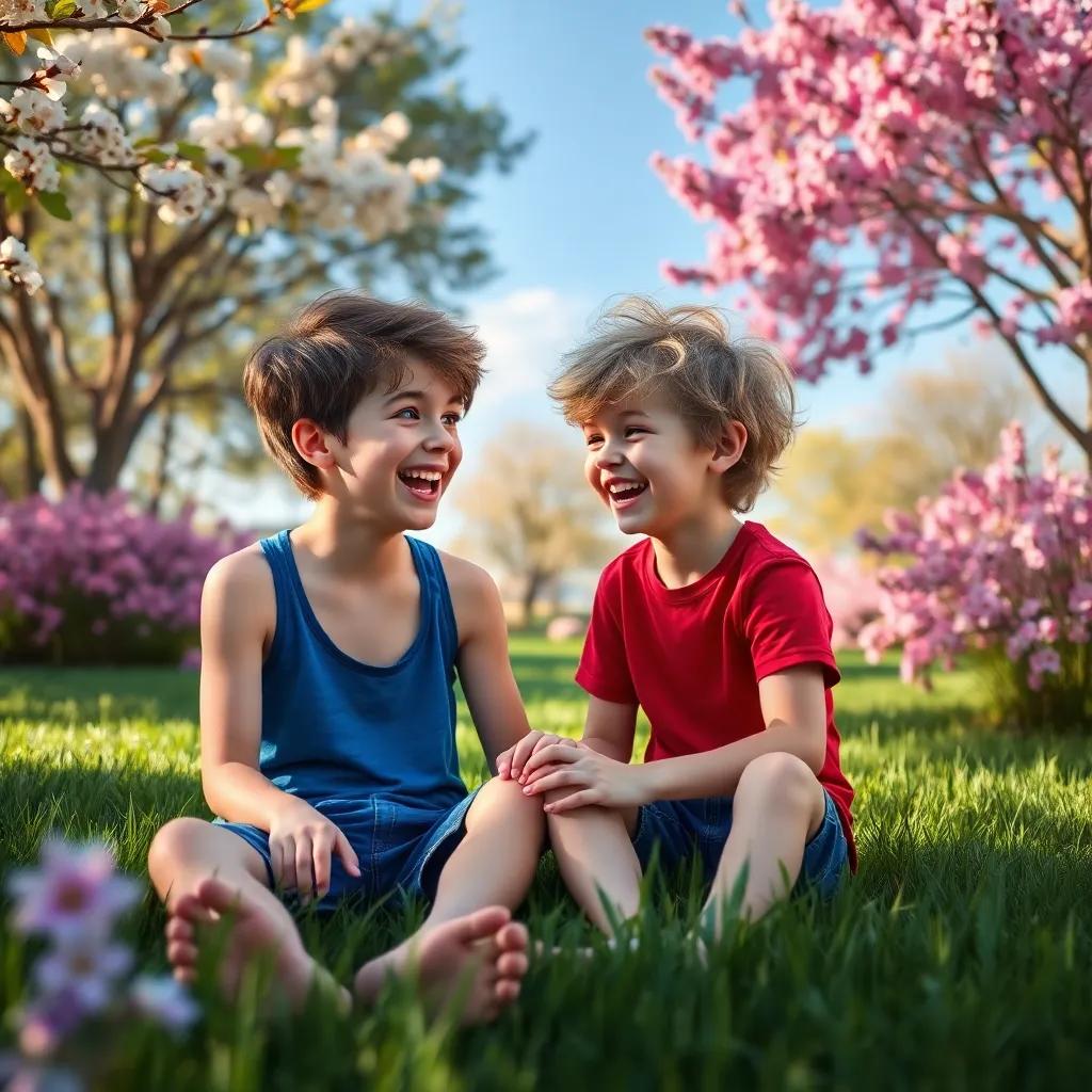 Two brothers, Jake, a 19-year-old with short brown hair in a blue tank top, and Sam, an 18-year-old with messy blonde hair in a red t-shirt, laughing together on the grass after a playful tussle, surrounded by blooming flowers and trees, soft light, joyful colors, heartwarming perspective, child-friendly, happy and engaging