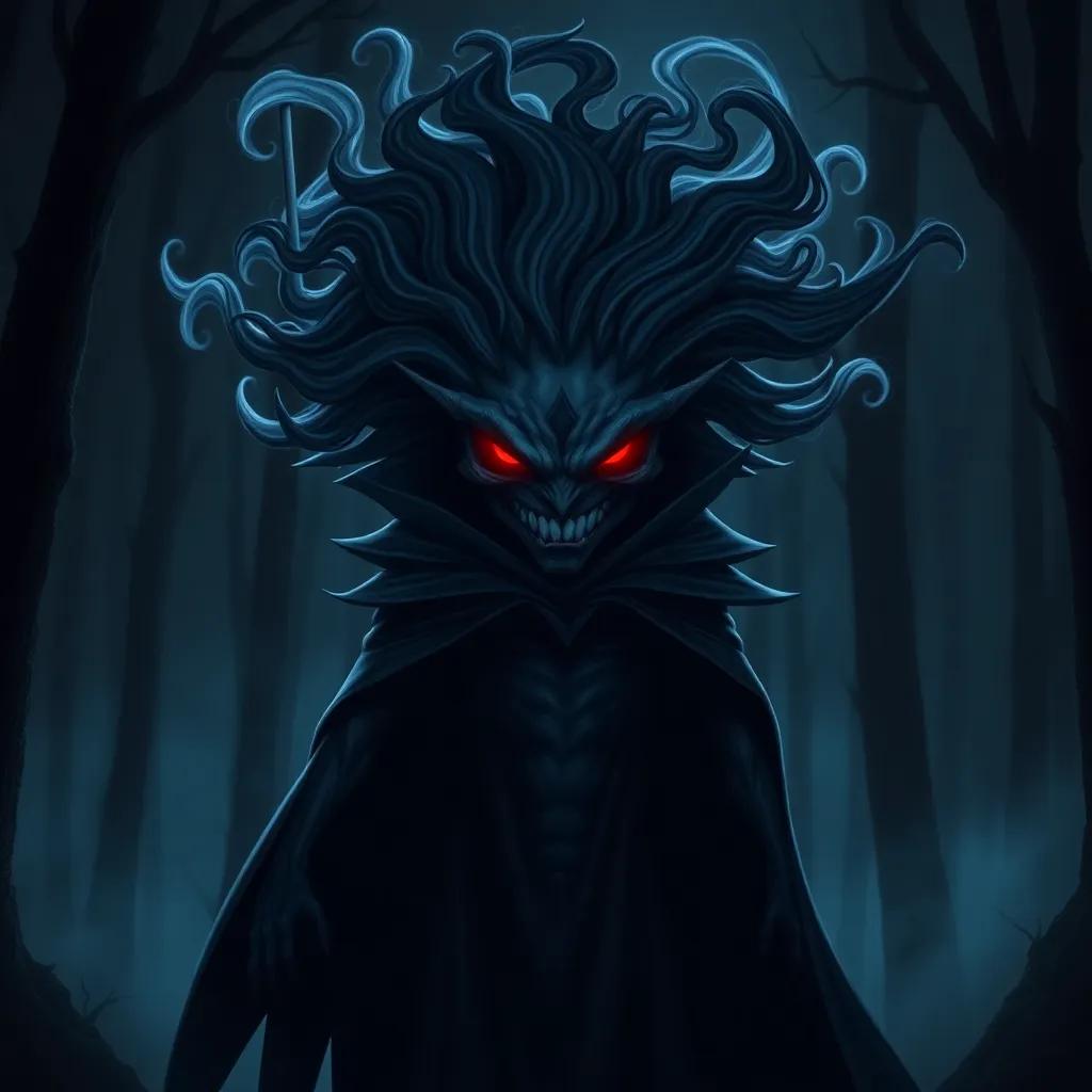 A sinister shadow elemental, Gloom, with dark swirling mist for hair and a cape of shadows, standing ominously in a dark forest, with glowing red eyes and a menacing grin, digital artwork, dark colors, eerie atmosphere, high quality