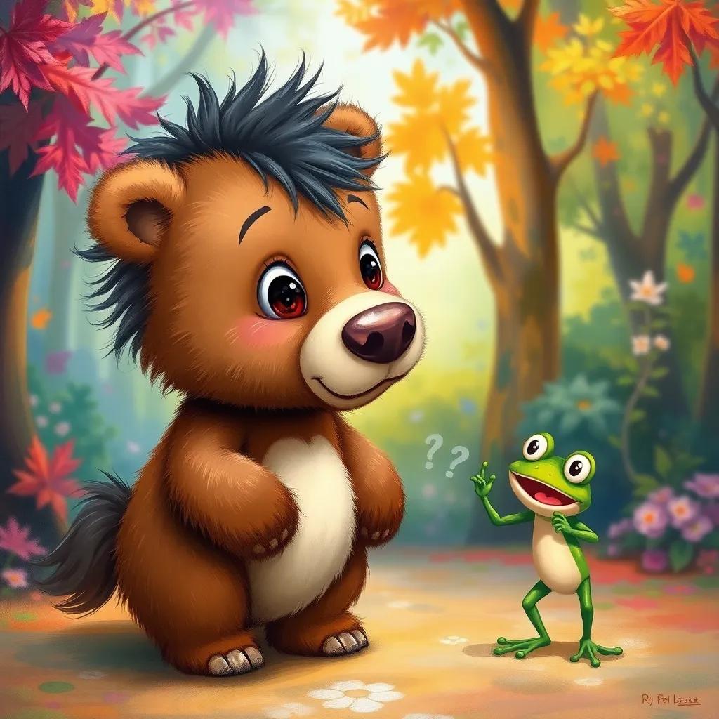 A small bear named Benny with fluffy fur turning into a horse, looking surprised, while a small green frog is shouting in panic beside him, colorful forest background, whimsical style, bright colors, playful mood, high quality