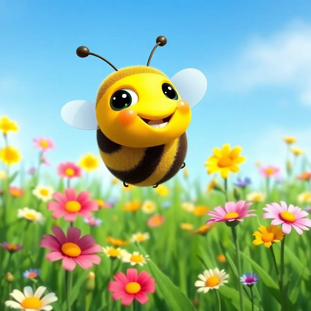 A brave little bee, Benny, with yellow and black stripes, buzzing happily in a bright green meadow filled with colorful flowers, clear blue sky, digital art, cheerful, vivid colors, high quality