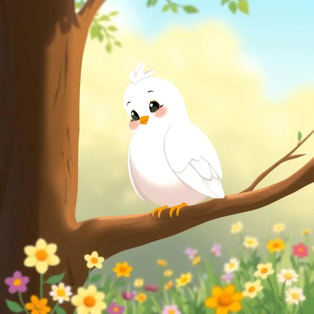 A wise dove, Daisy, a soft white dove with gentle eyes, sitting on a tall tree branch looking down at the meadow, surrounded by bright flowers, illustration, warm and inviting, whimsical, high quality