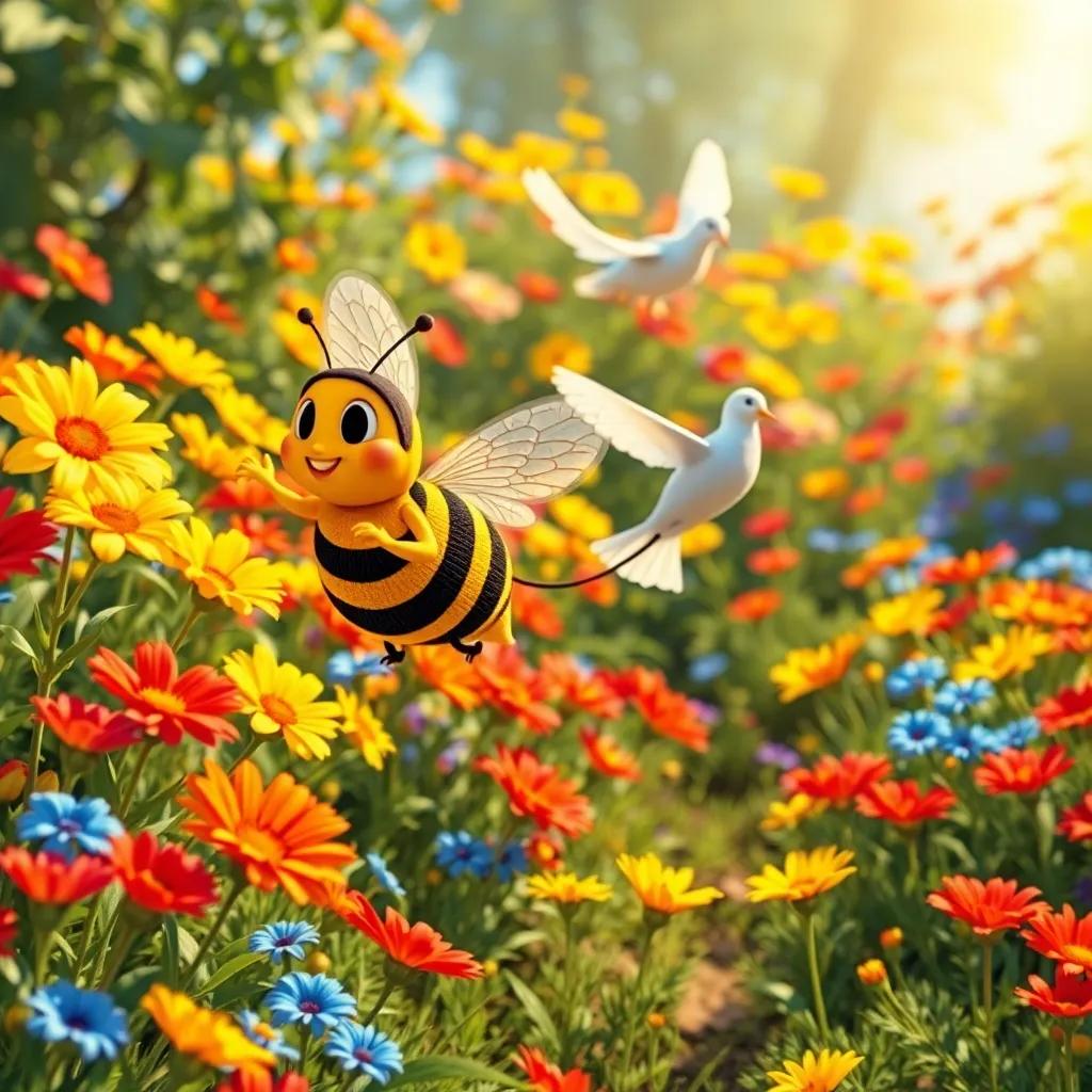 Benny the bee flying fast, trailing behind Daisy the dove, leading him to a wonderful flower garden filled with red, yellow, and blue flowers, bright and sunny, delightful atmosphere, high quality