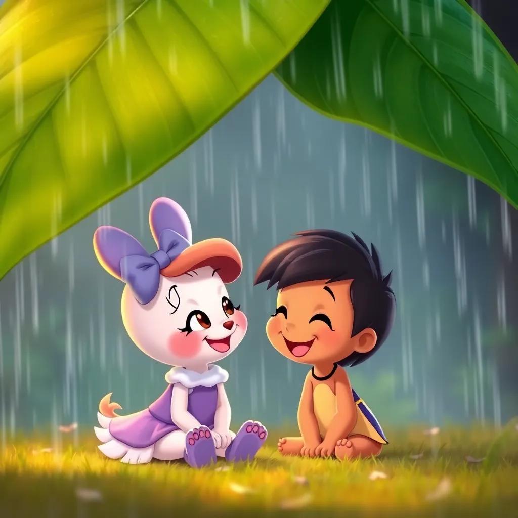 Benny and Daisy under a big green leaf, rain pattering above them, looking at each other with happy smiles, cozy and safe, warm colors, joyful scene, high quality