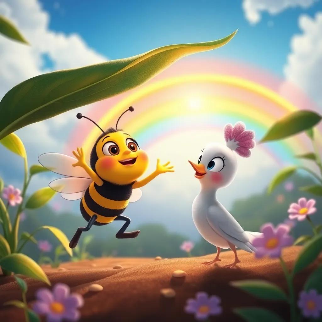Benny the bee and Daisy the dove jumping out from under the leaf, amazed at a beautiful rainbow in the sky, vibrant colors, cheerful expressions, magical atmosphere, high quality