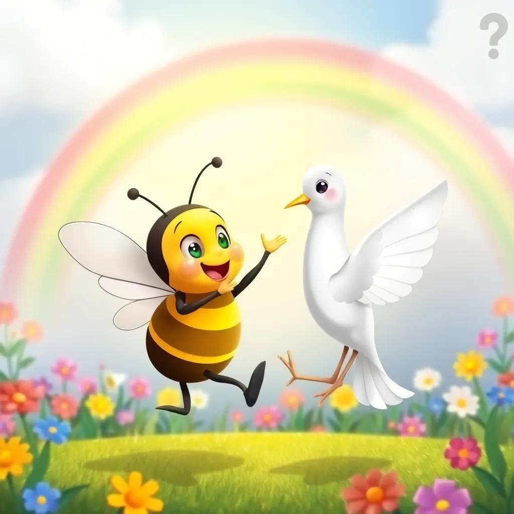 Benny the bee and Daisy the dove dancing under a rainbow, celebrating their wonderful friendship, colorful flowers in the background, joyful energy, high quality
