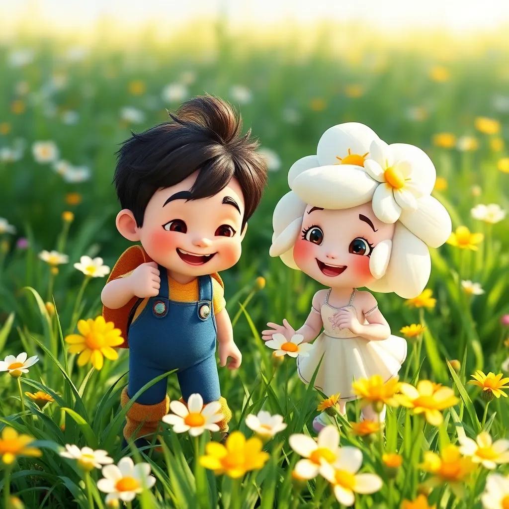 Benny and Daisy exploring the meadow together, discovering new flowers, smiles on their faces, bright and cheerful, a sense of adventure, high quality