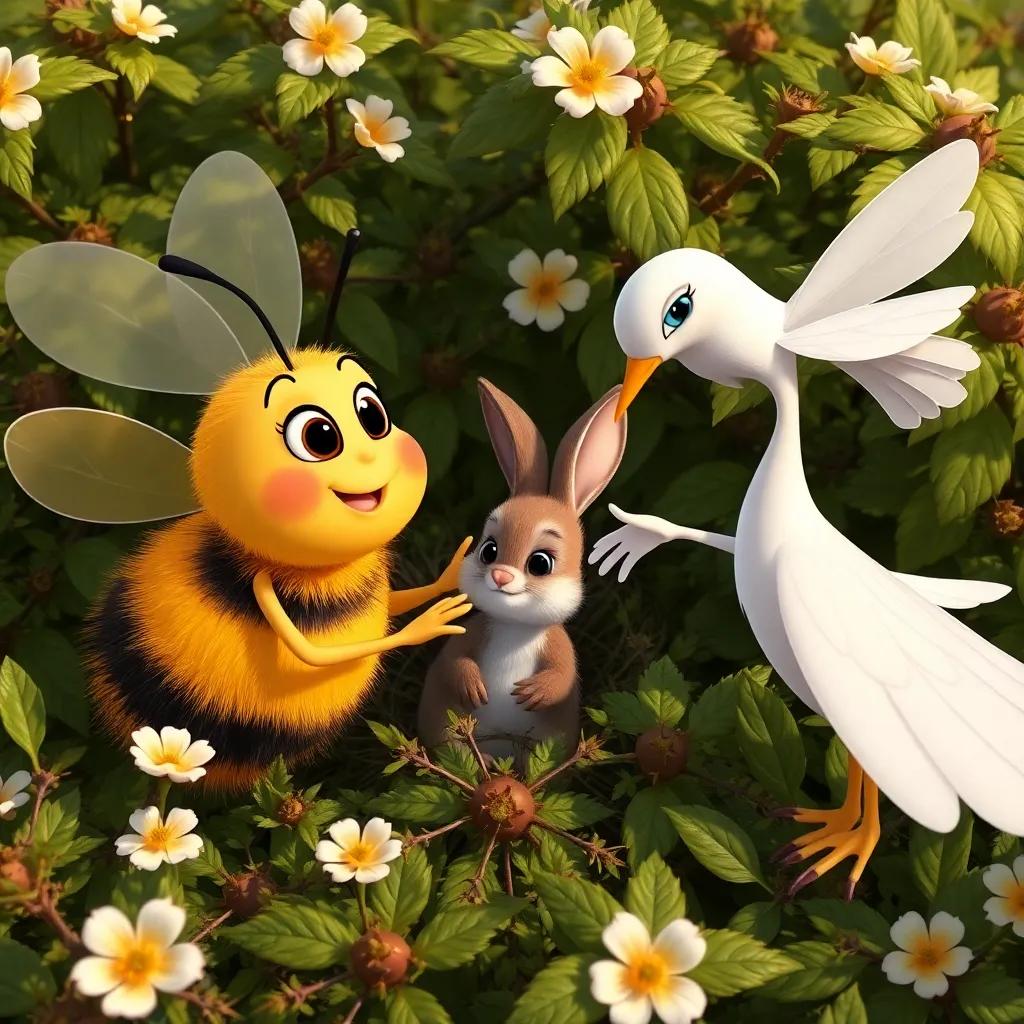 Benny the bee and Daisy the dove helping a small rabbit stuck in a thorny bush, demonstrating teamwork and friendship, expression of caring animals, heartwarming scene, high quality