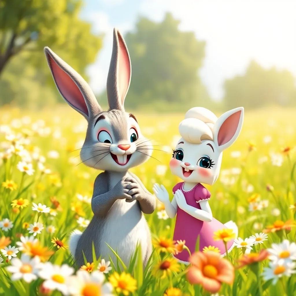 The rabbit thanking Benny and Daisy in the bright sunny meadow, surrounded by flowers, joyful expressions, atmosphere of fun and camaraderie, high quality