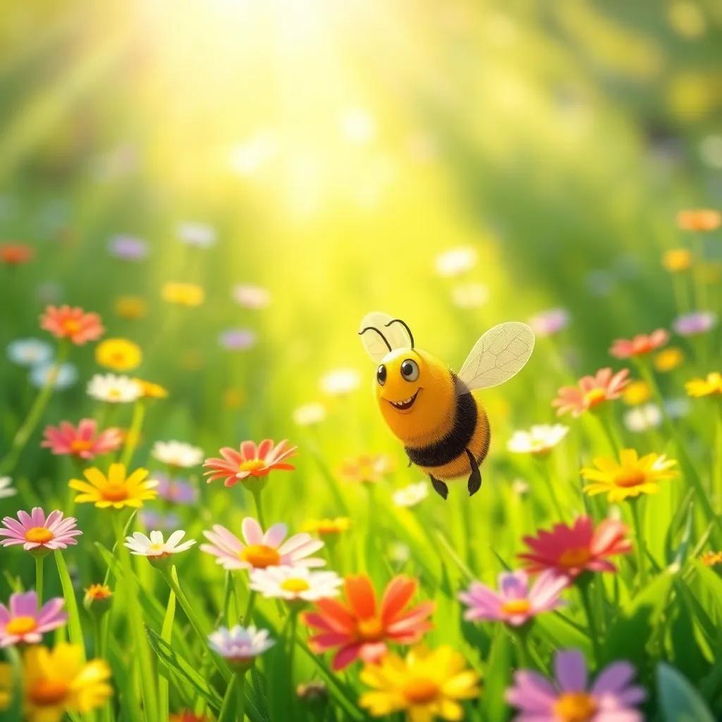 A little bee buzzing happily in a bright green meadow with colorful flowers, sunlight streaming down, creating a cheerful, lively atmosphere, digital art, vibrant colors, joyful scene, high quality