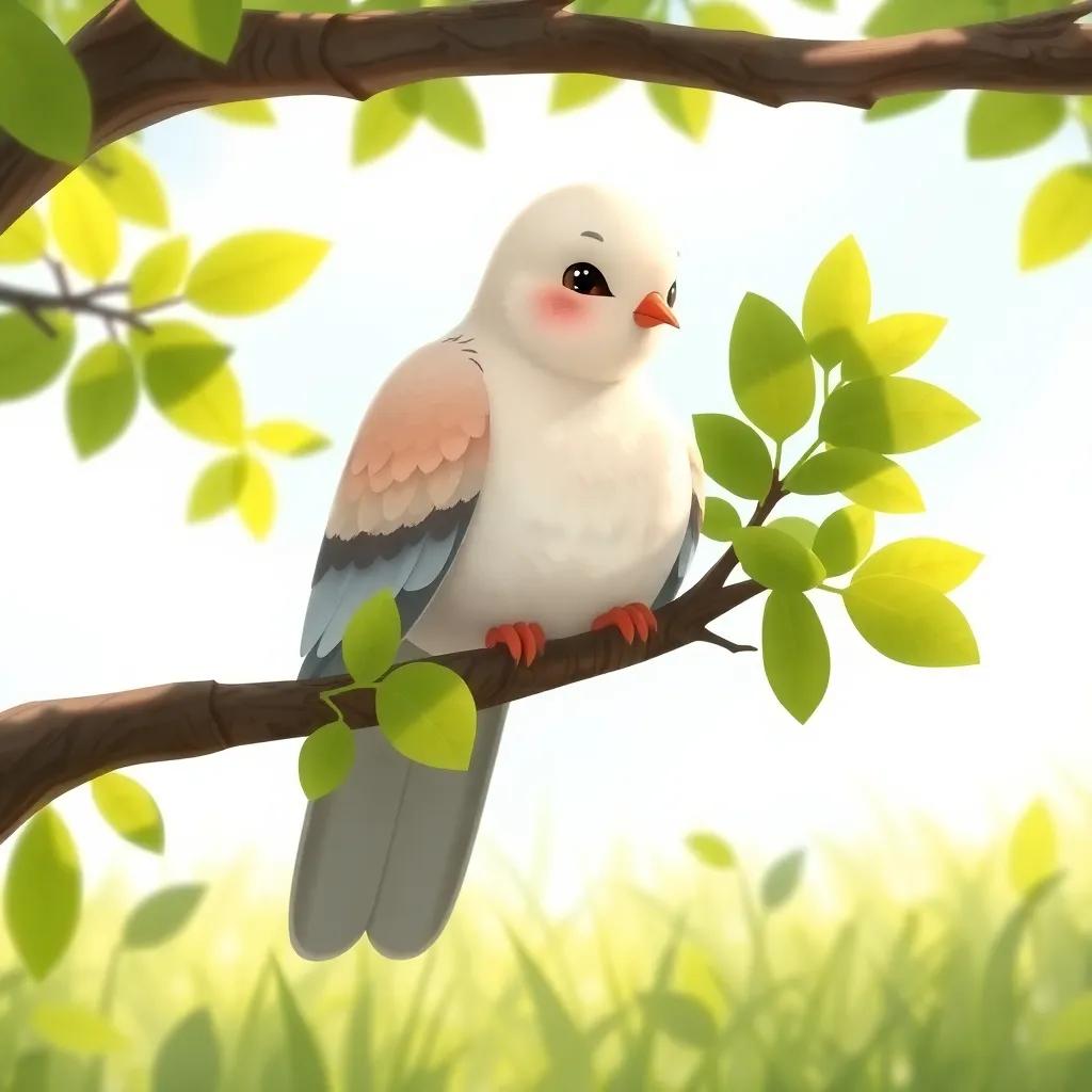 A wise dove named David sitting on a tree branch, with soft feathers and a kind expression, looking down at the meadow, surrounded by soft green leaves, illustration, serene and peaceful, inviting vibe, detailed