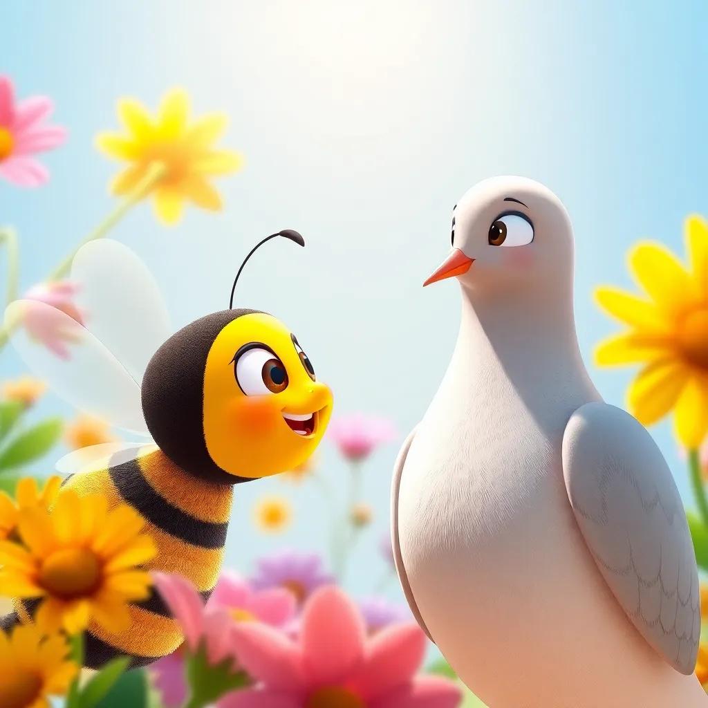 A close-up of Bella the bee and David the dove talking happily, Bella happily buzzing around, with colorful flowers in the background, sunlight illuminating their friendship, cheerful vibe, high quality