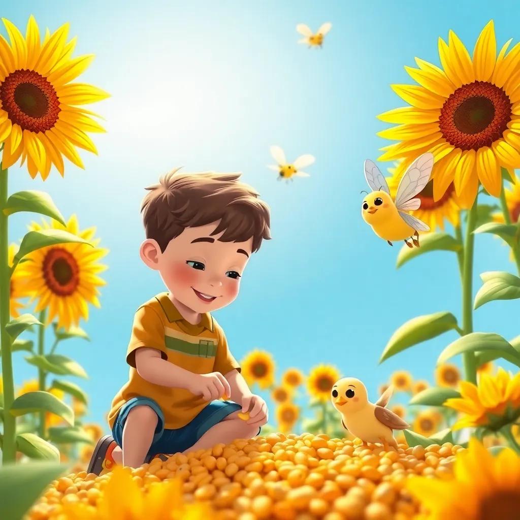 David and Bella working together to gather seeds under sunny sunflowers, David picking seeds while Bella buzzes nearby, bright sunny day, detailed illustration, teamwork and friendship theme, high quality