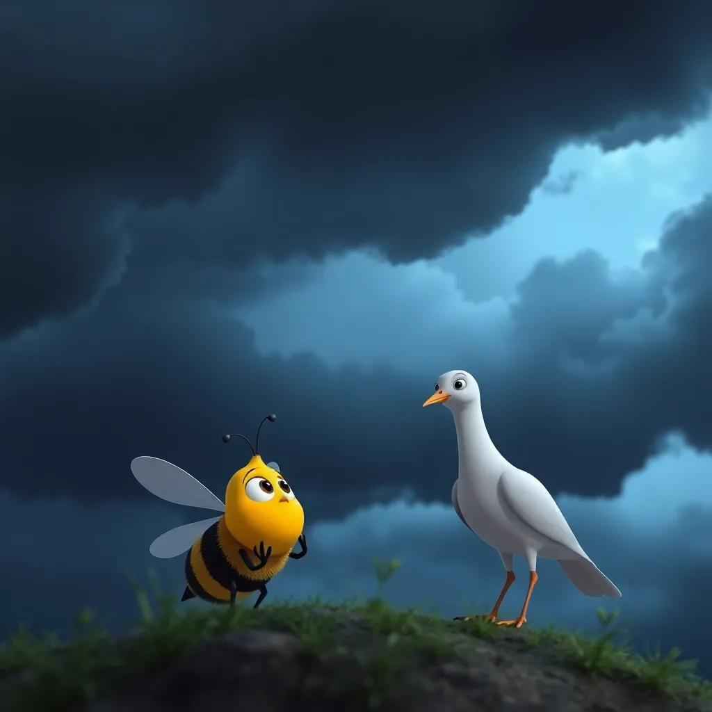 A dramatic scene with dark clouds rolling in, Bella the bee looking scared and David the dove staying close to comfort her, a sense of friendship amidst the storm, digital art, moody yet hopeful colors, high quality