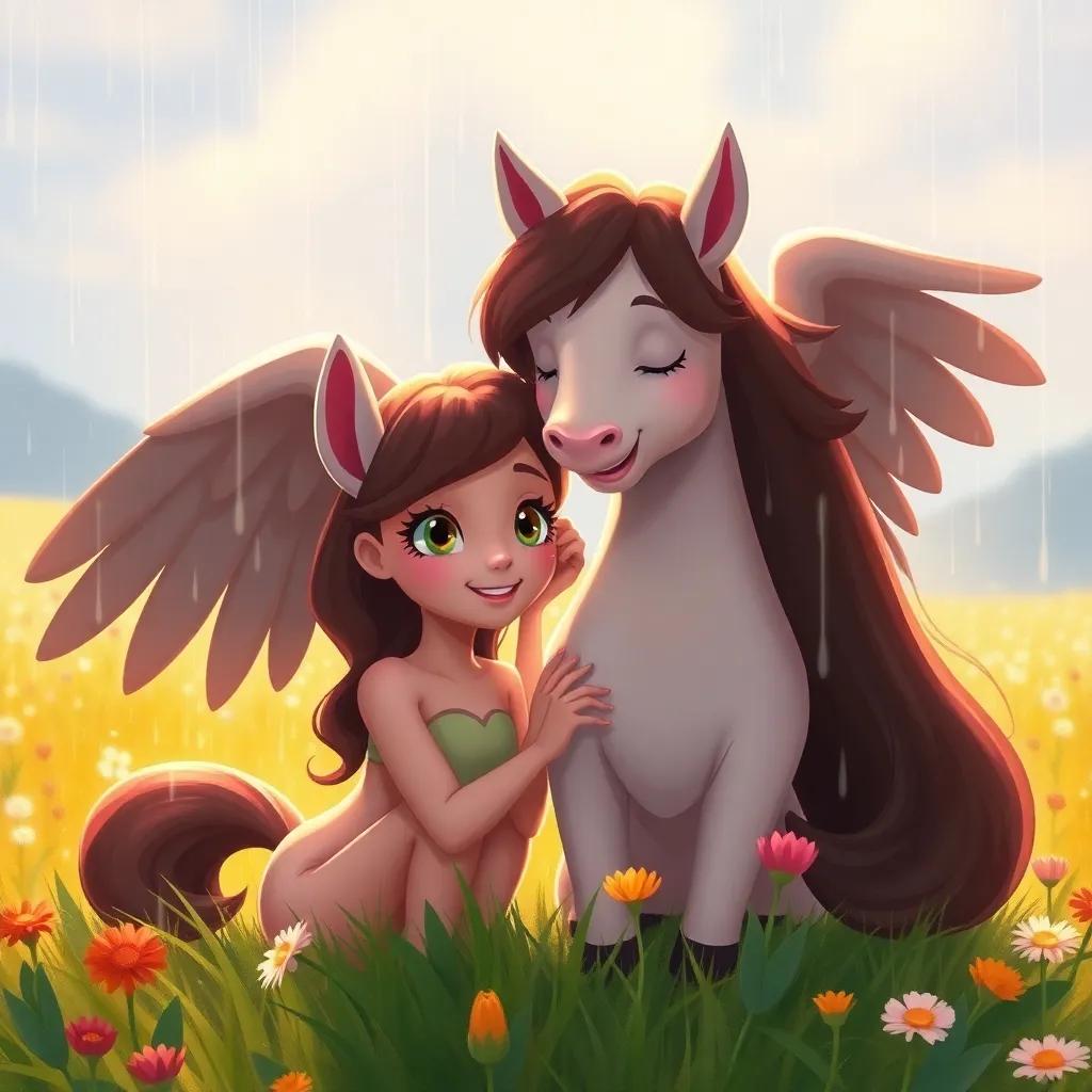 Bella sheltered under David's wings from the rain, both looking safe and happy, with raindrops falling around them in a beautiful meadow, digital painting, warm colors, heartwarming friendship moment, high quality