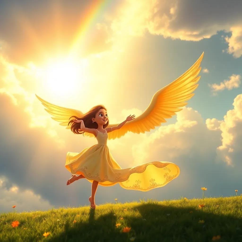A brilliant golden rainbow appearing after the storm, Bella dancing joyfully in the sunlight while David proudly spreads his wings, bright and vibrant colors, magical feeling, high quality