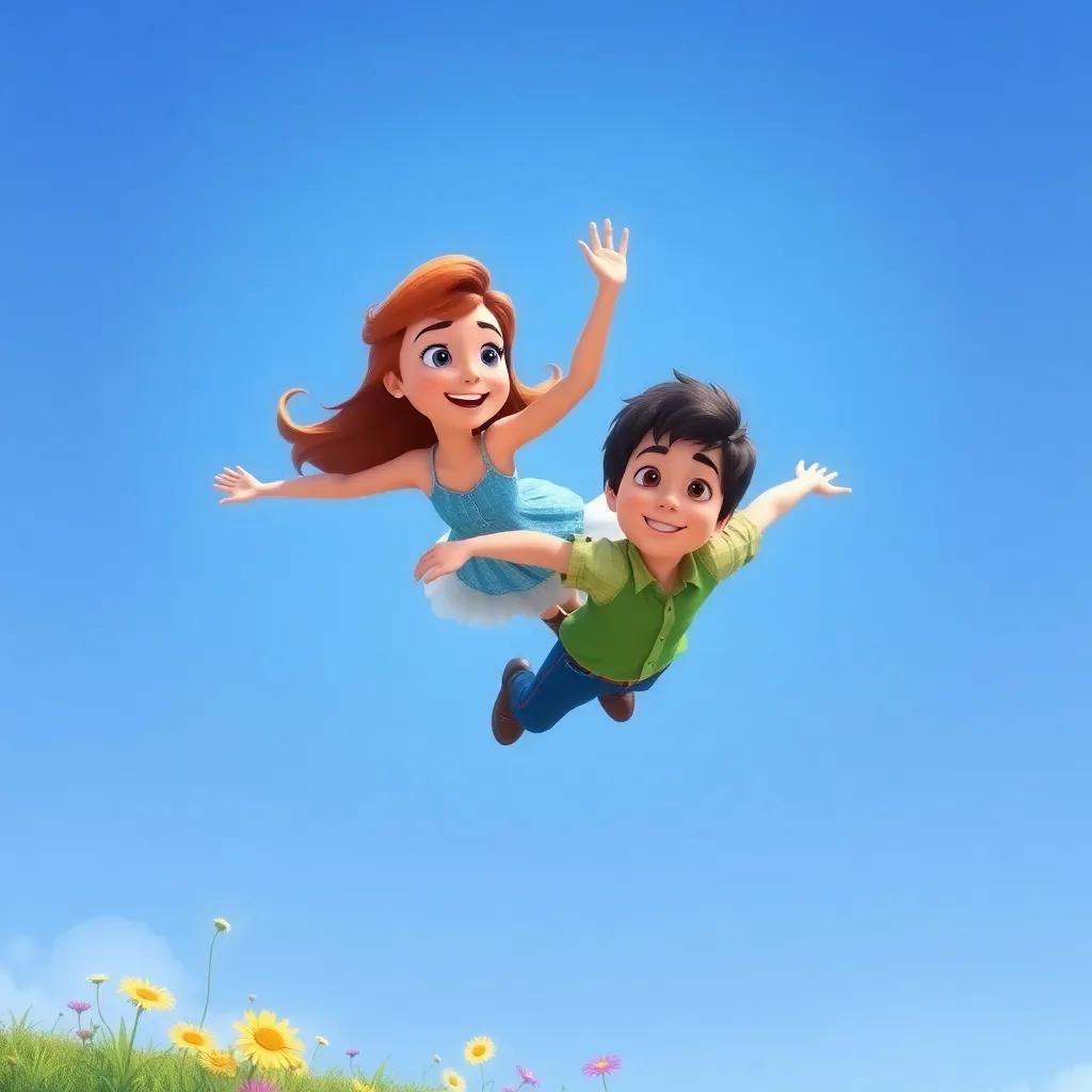 Bella and David flying together in the bright blue sky, showing their strong friendship and teamwork, with a backdrop of the meadow and flowers below, cheerful scene, high quality