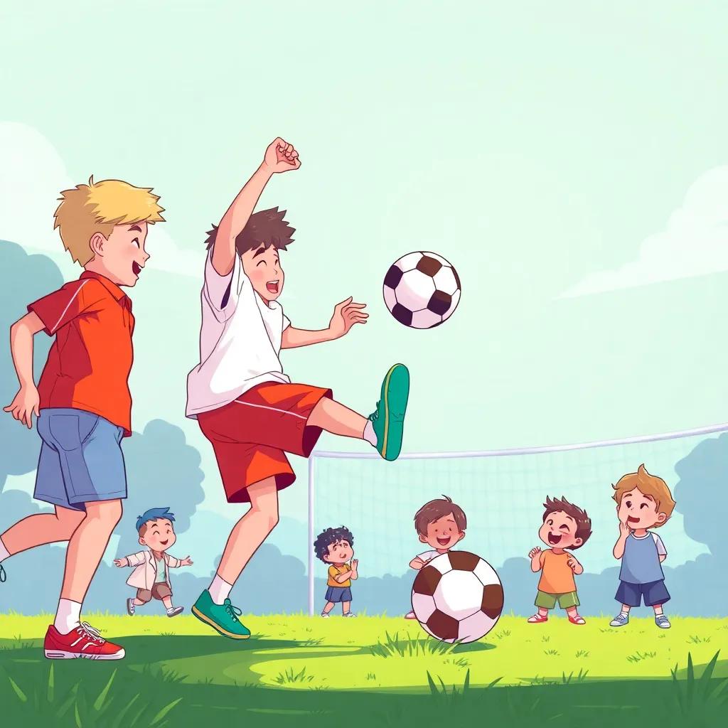 Four boys, Kian and Raymond kicking a football towards the goal, while Naklas and Eden are watching excitedly, surrounded by younger kids cheering from the sidelines, illustration, lively, teamwork spirit, child-friendly