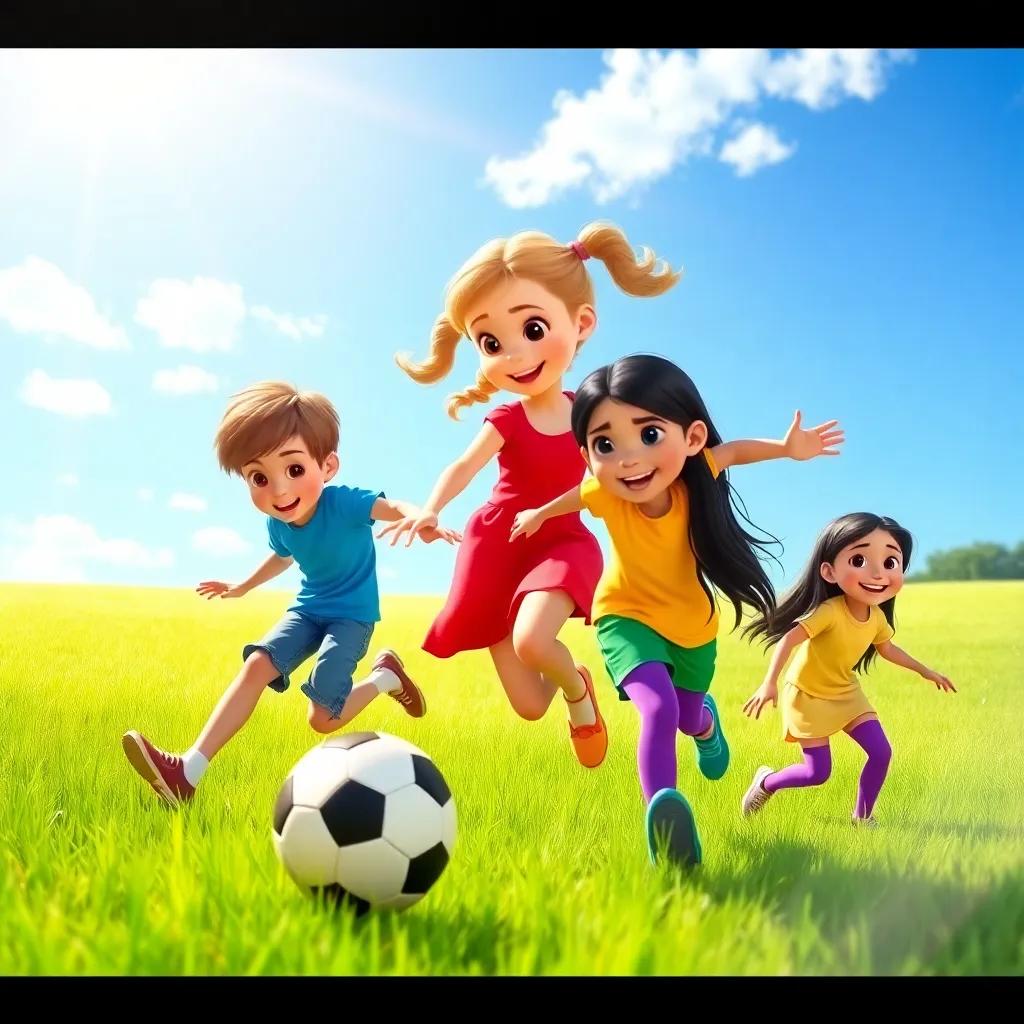 A bright sunny day at a grassy field with four children playing football, Max has short brown hair, wearing a blue shirt, Lily has curly blonde hair in pigtails, wearing a red dress, Sam is wearing green shorts and a yellow t-shirt, Ava has long black hair and is wearing purple leggings, joyful expressions, action shot, digital art, vibrant colors, cheerful atmosphere