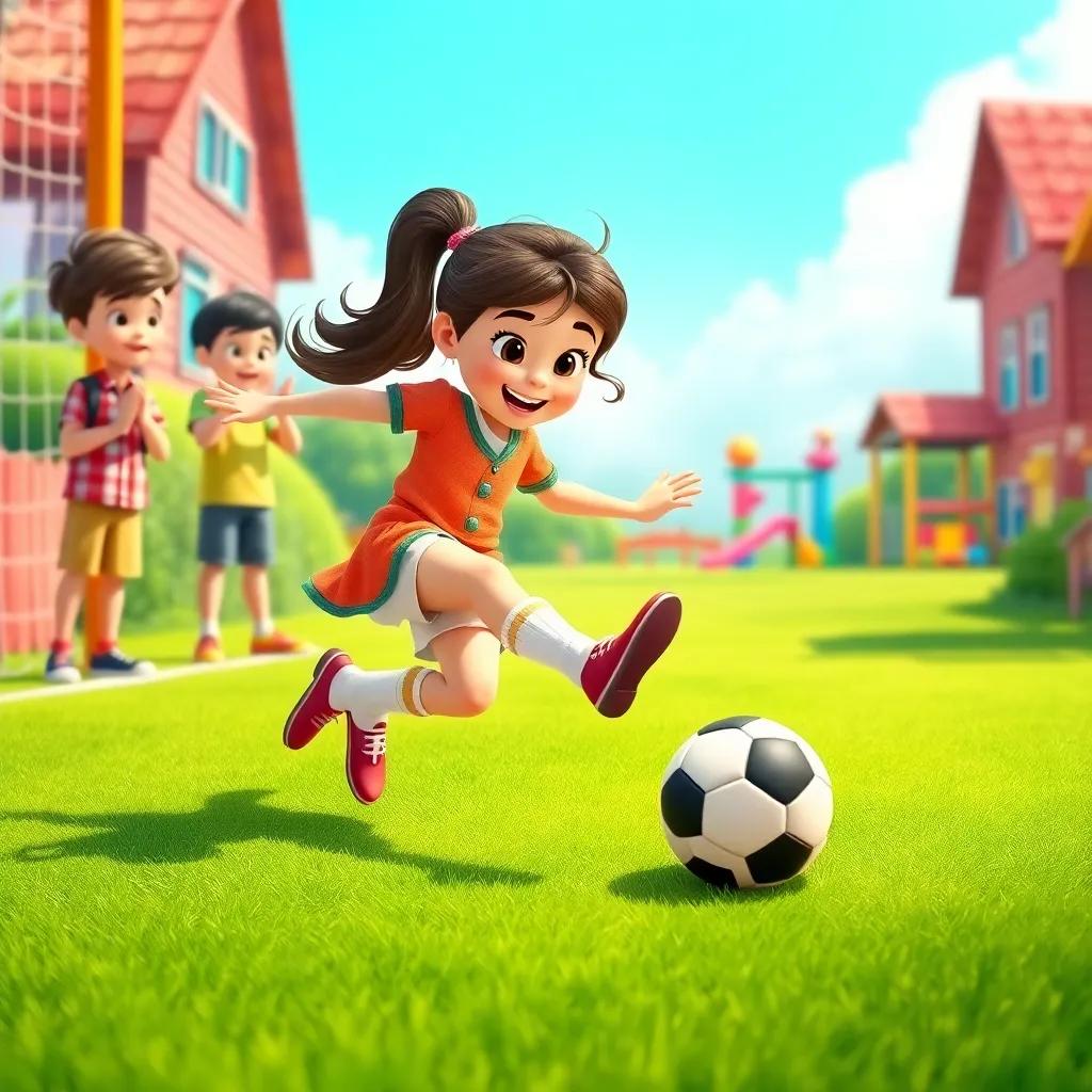 Ava kicking the football towards the goal with determination, kids cheer in the background, Max, Lily, and Sam are excitedly watching, green grass field, colorful playground in the distance, bright blue sky, illustration, dynamic movement, joyful energy, child-friendly