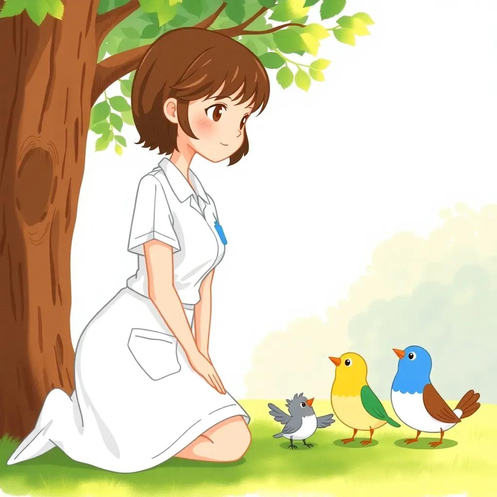 A kind nurse named Mia, with short brown hair wearing a white nurse uniform, kneeling near a tree, several small colorful birds looking at her, bright sunny day, cheerful atmosphere