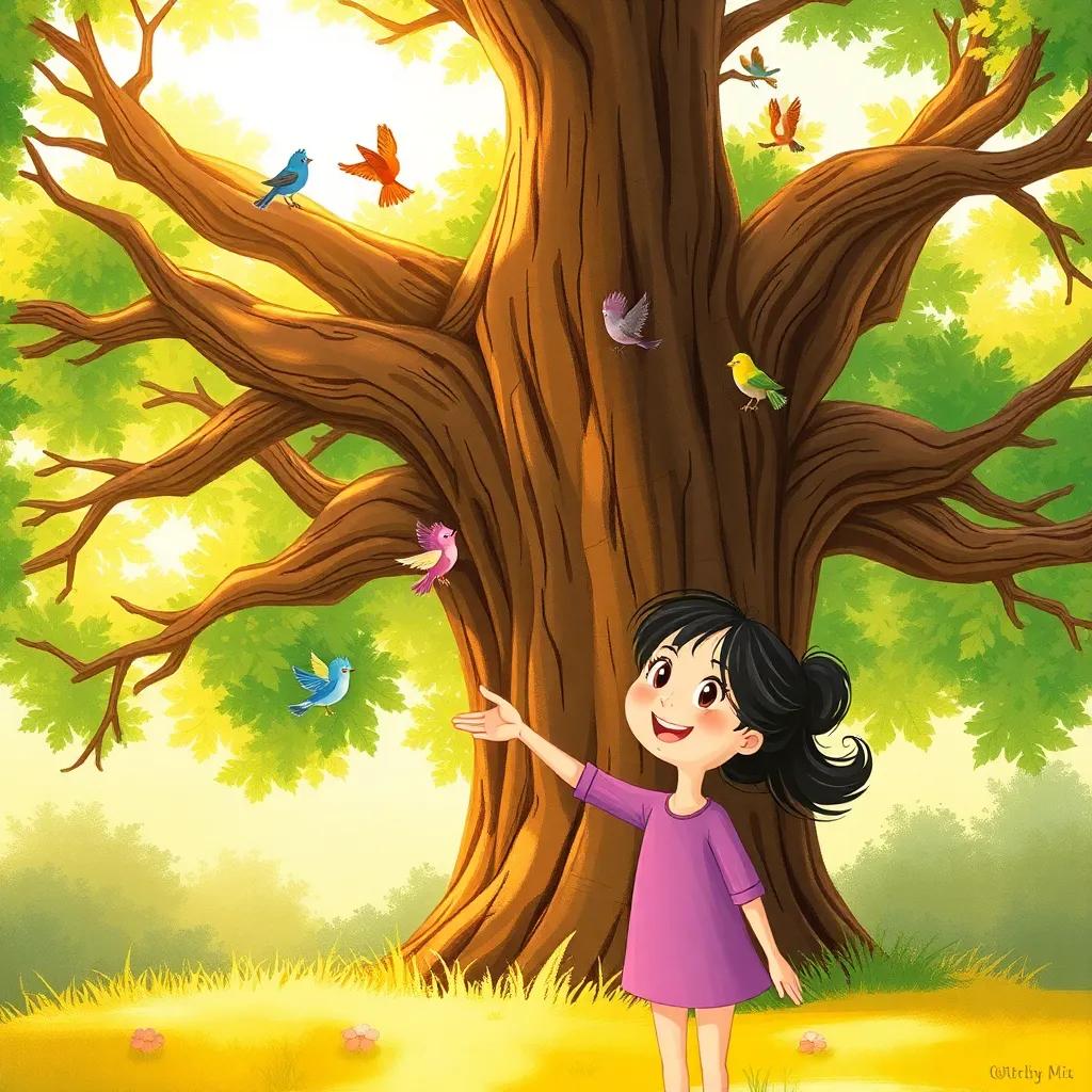 Mia pointing at a big sturdy tree with birds fluttering around it, birds of different colors, warm sunlight shining through leaves, inviting warm colors, joyful