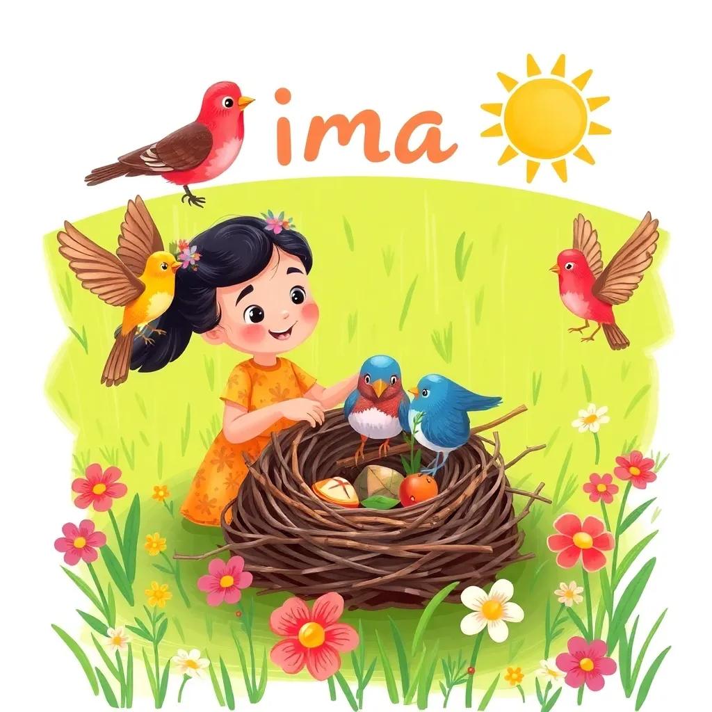Mia showing birds how to gather twigs and leaves to build a nest, green grass and flowers around them, sunny and vibrant, colorful scene, happy