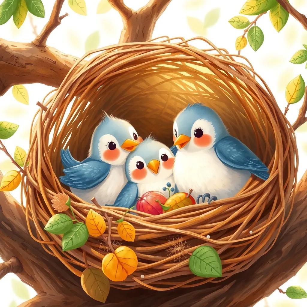 A close-up of the birds building a cozy nest using twigs and leaves, looks warm and inviting, soft light filtering through tree branches, cute and vibrant