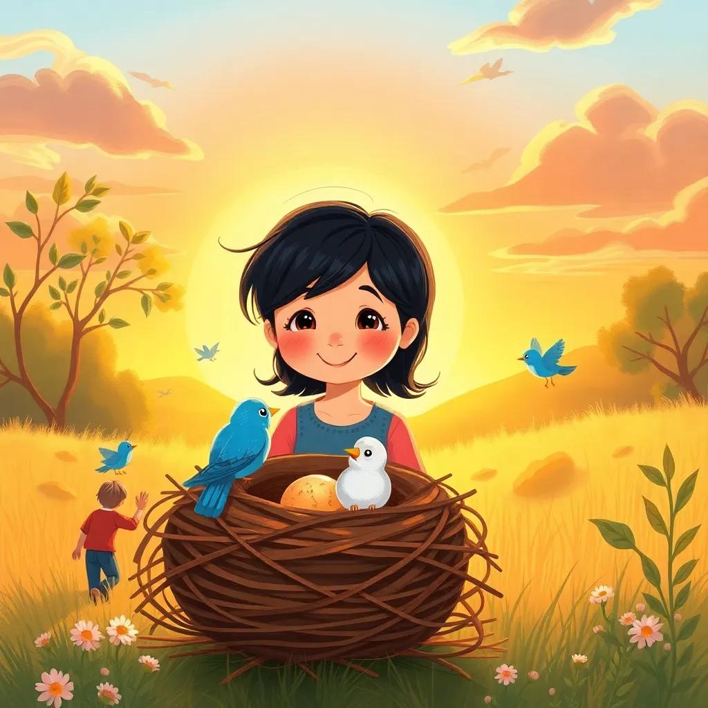 Mia smiling as the nest is finished, with birds happily chirping around her, a beautiful sunset in the background, warm light, very heartwarming