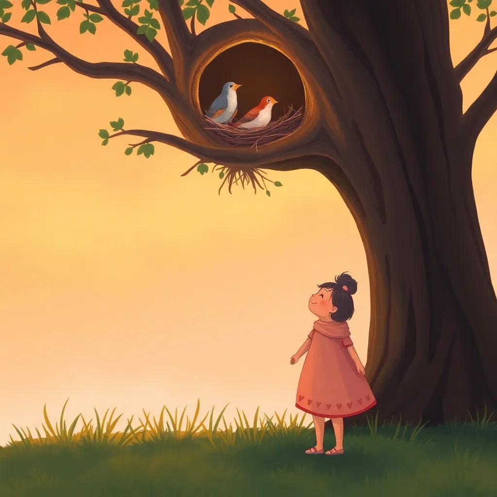 Mia standing at the foot of the tree, looking up with a smile as the birds settle in their nest, a feeling of safety, warm sunset colors