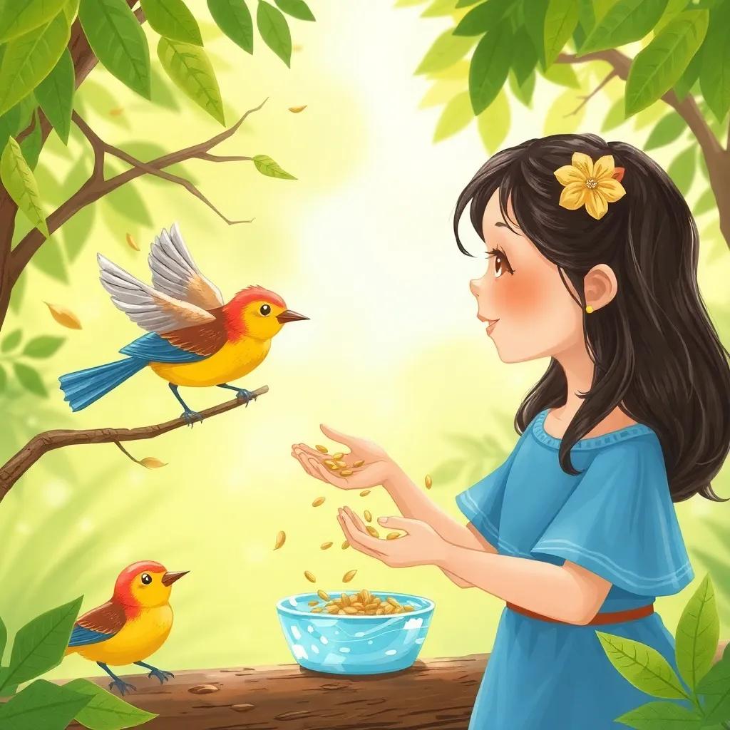 Mia feeding the birds with seeds and water, birds chirping eagerly, lush green surroundings, bright daylight, nurturing and friendly atmosphere