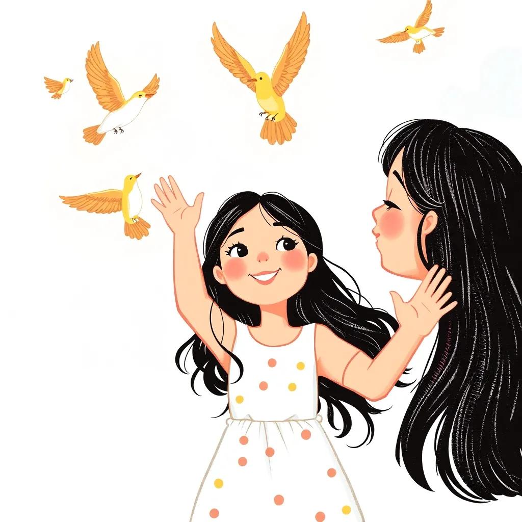 Mia waving goodbye to the birds as they prepare to fly away, the birds circling around her joyfully, a feeling of freedom, uplifting and bright